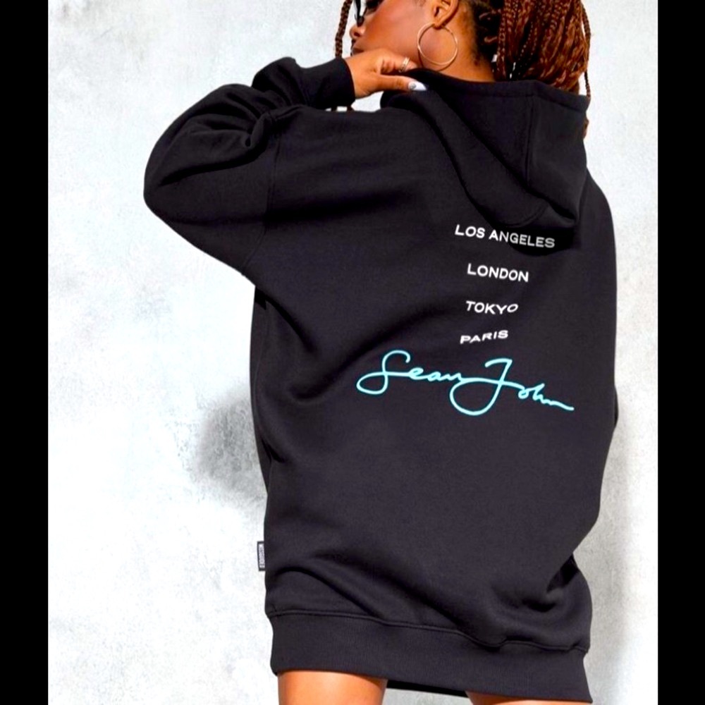 SEAN JOHN Blk Balloon Sleeves Embroidery Oversized Hooded Sweatshirt Dress